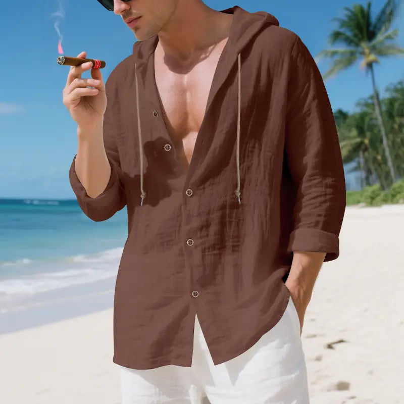 Men linen hooded cardigan shirt in brown featuring a linen material, button-front closure, and drawstring hood.