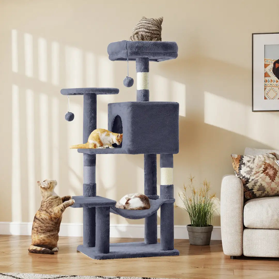 blue multi-level cat tree tower with sisal scratching posts and platforms measuring 44 inches designed for feline climbing and play