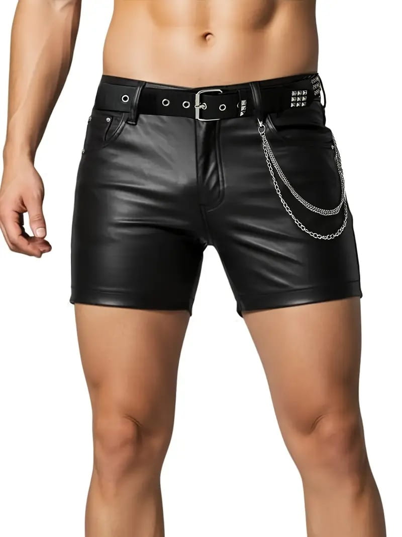 Men faux leather shorts glossy slim fit black with a studded belt and silver chain detail.