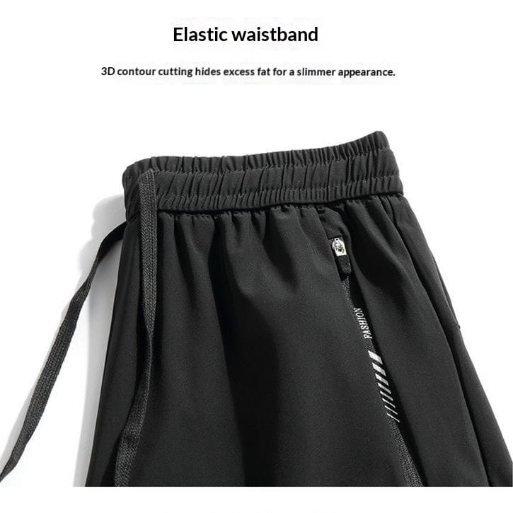 Black anti-mosquito casual athletic trousers with an elastic waistband and a side zipper pocket featuring white diagonal stripes.