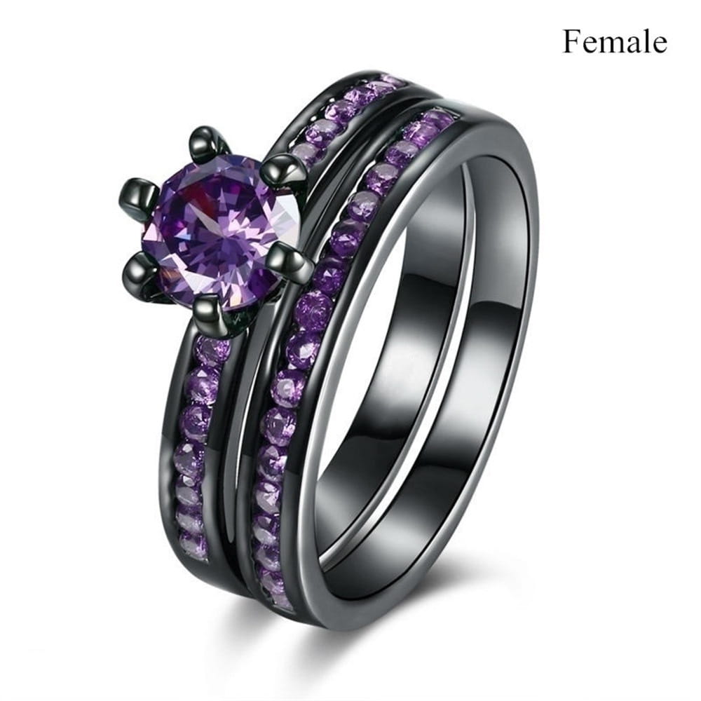 Black tungsten and purple gemstone wedding band set featuring a black titanium ring with a central purple gemstone held by six prongs and two bands adorned with rows of smaller purple stones.