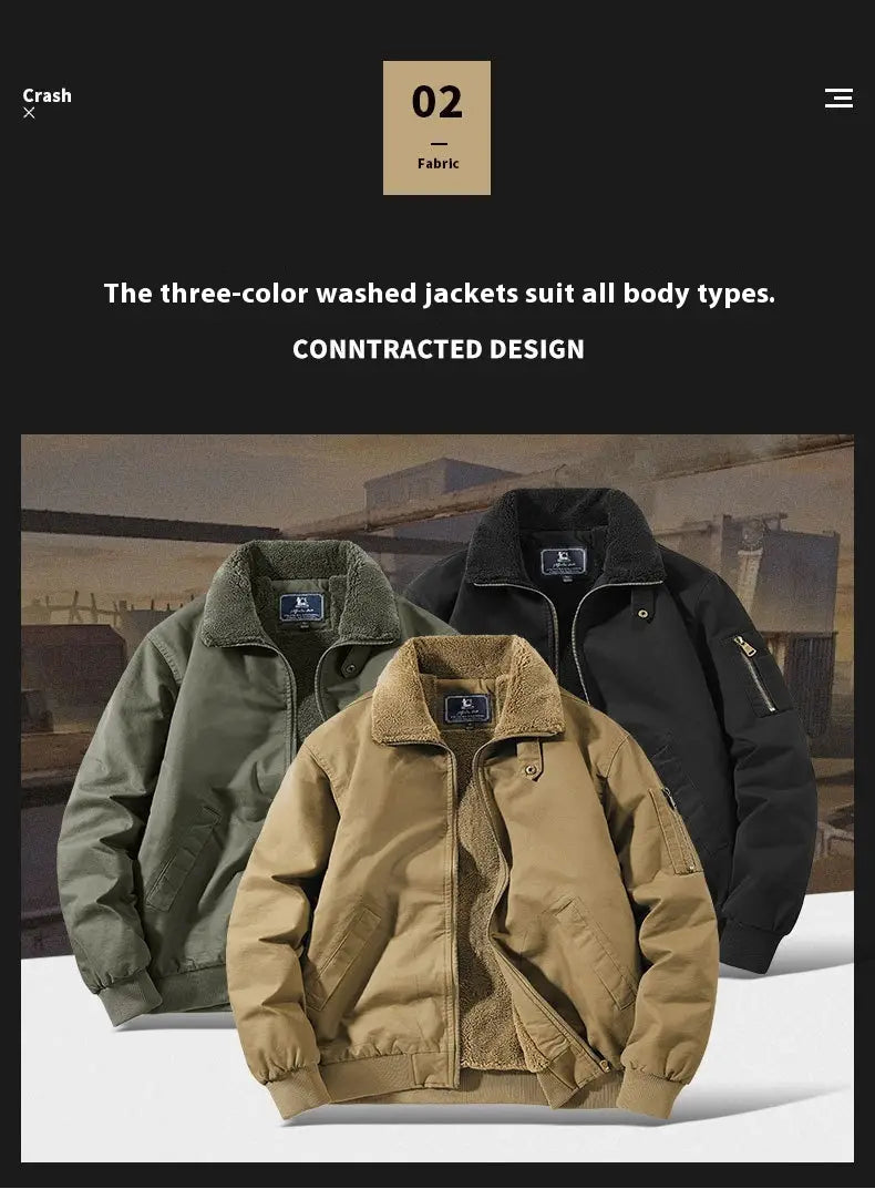 Men cotton shearling bomber jackets in three-color washed design with plush fleece lining and classic contracted style.