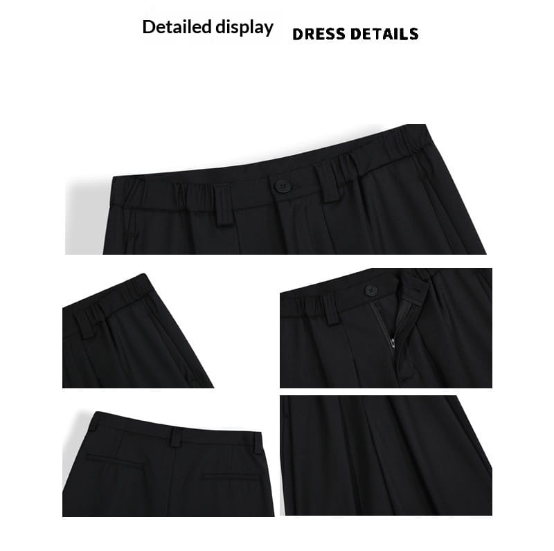 Short de costume pour hommes à jambes larges plissées noir, en tissu avec fermeture par bouton et fermeture éclair visible à l’avant