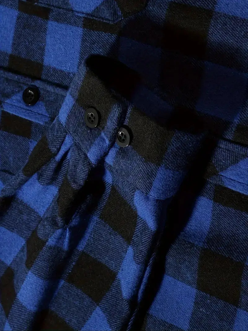 Men’s plaid hooded flannel shirt in blue and black with dark buttons made of soft flannel material.