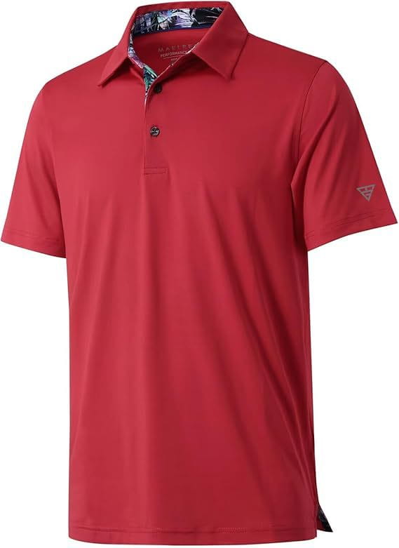 Rotes Herren-Golfpolohemd, schnell trocknend und atmungsaktiv, mit tropischem Muster im Kragenfutter und einem kleinen dreieckigen Logo am Ärmel.