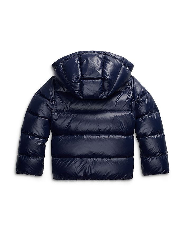 Navy quilted hooded cotton puffer jacket featuring a quilted design and a hood for added warmth.