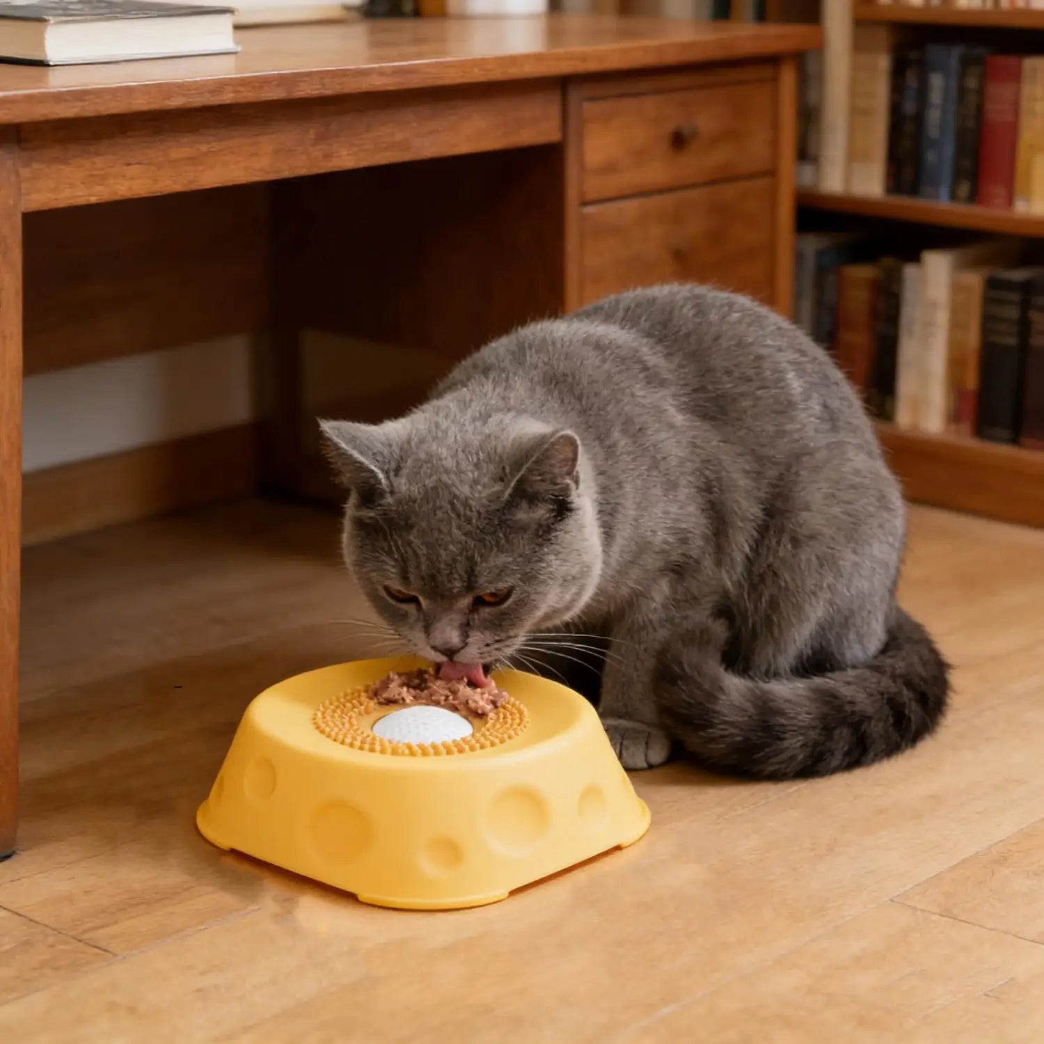 Gelber Kunststoff-Futternapf für Katzen mit strukturierter Oberfläche und kreisförmigen Vertiefungen, ausgelegt als Hundelecknapf mit rollender Kugel als Slow-Feeder.
