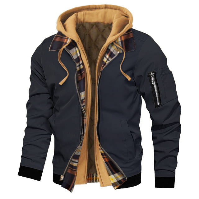 Plus size dark navy bomber jacket with tan fleece lined hood and plaid interior lining designed for warmth and style.