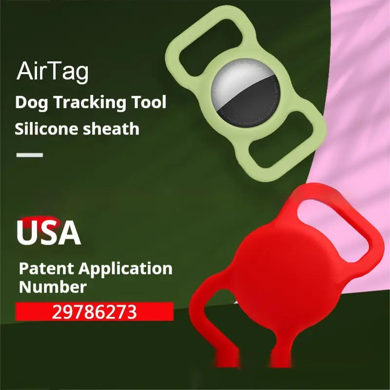 Light green and red silicone sheathed airtags featuring a circular central sensor designed as protective pet collar tracker cases for dog tracking.