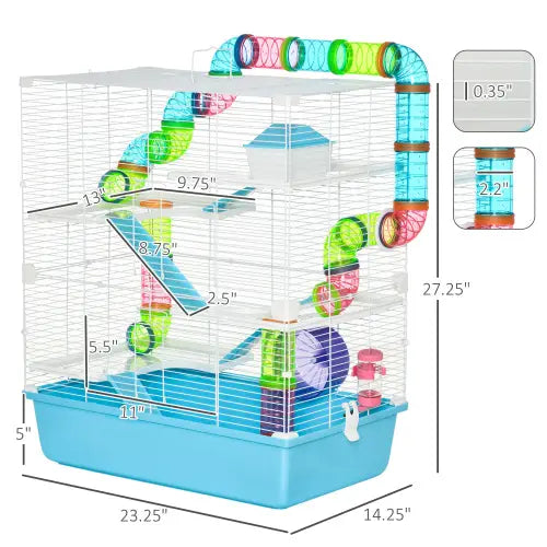 Pawhut 5 tier hamster cage featuring brightly colored multi-level habitat with transparent plastic tubes and a blue plastic base for small pet use.