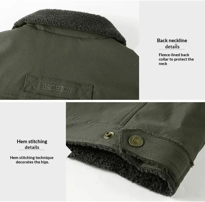 Veste en velours côtelé vert olive pour homme avec doublure en polaire, poche en matelassé à empiècement et fermetures boutonnées métalliques.