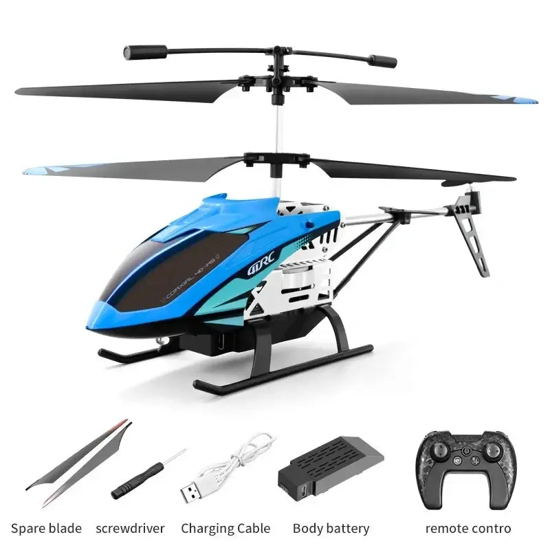 Blue and black 4drc m5 remote control rc helicopter with teal accents, sleek plastic body, and metallic frame for altitude hold