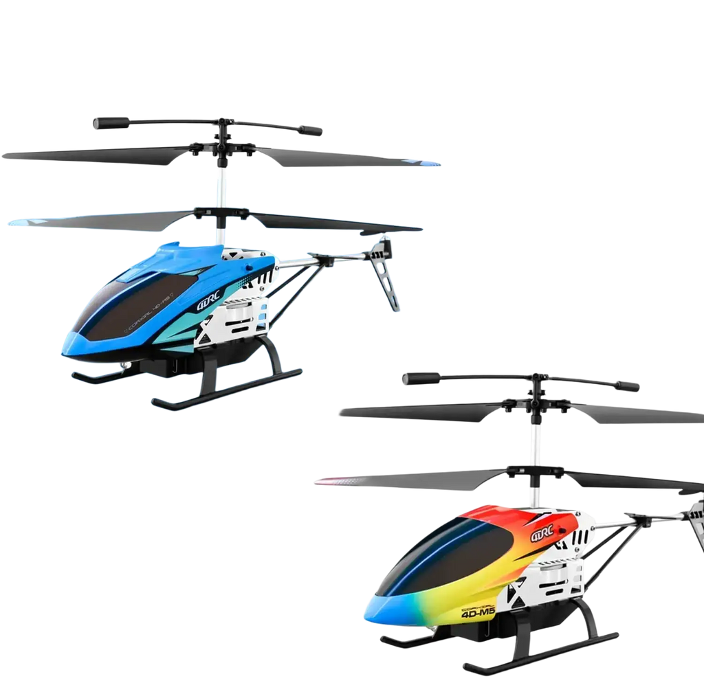 Blue and white 4drc m5 remote control rc helicopter with black rotor blades and sleek aerodynamic design for altitude hold