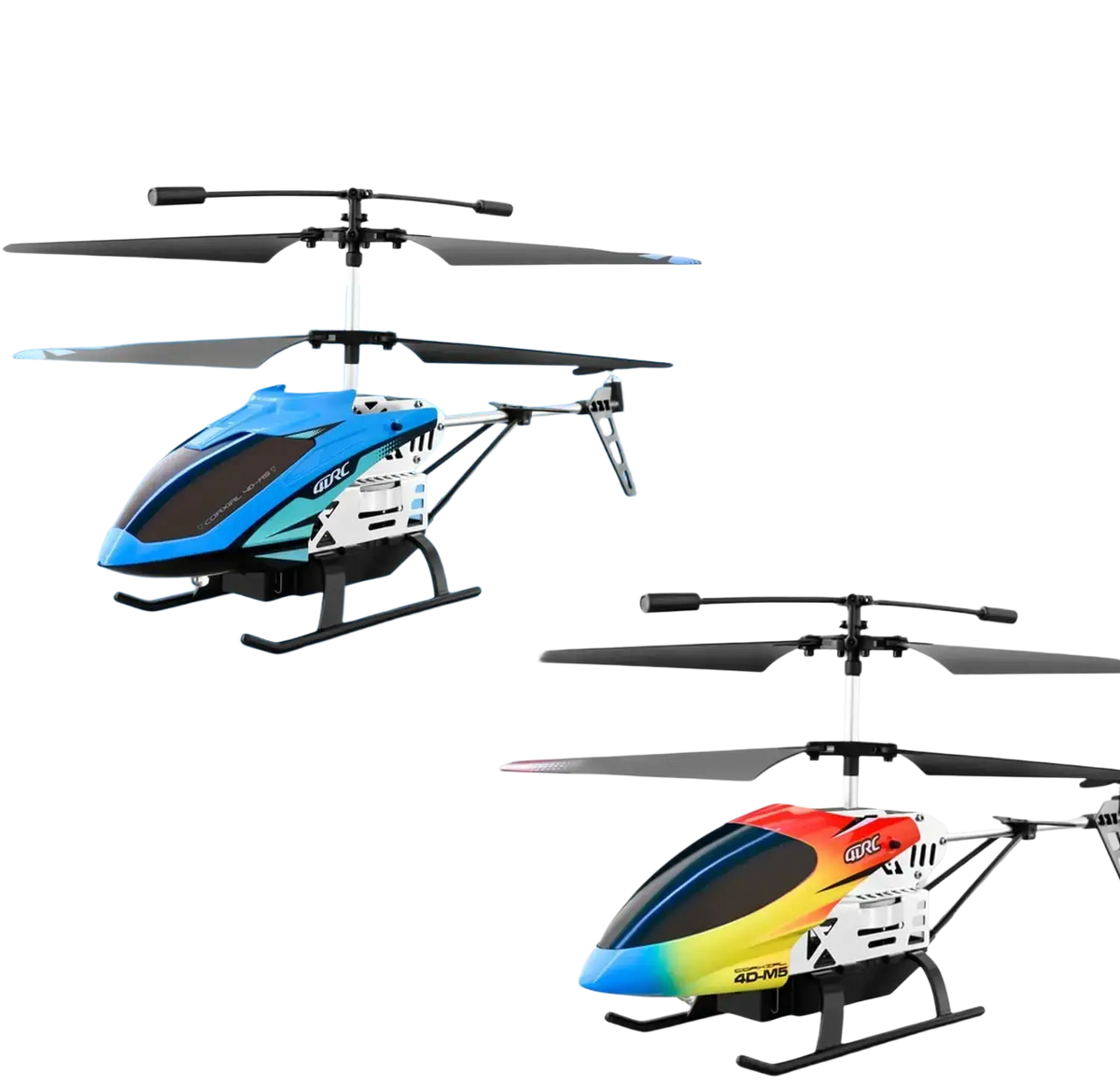 Blue and white 4drc m5 remote control rc helicopter with black rotor blades and sleek aerodynamic design for altitude hold
