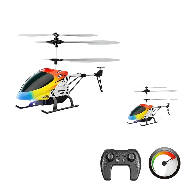 A vibrant rainbow-colored 4drc M5 remote control rc helicopter with sleek black and white frame and altitude hold feature