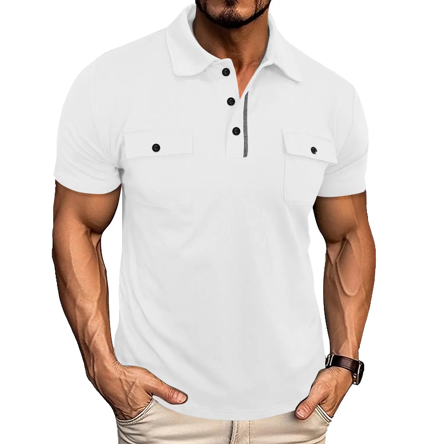 Men’s dual pocket short sleeve cotton blend polo shirt in white with black buttons and two chest pockets.
