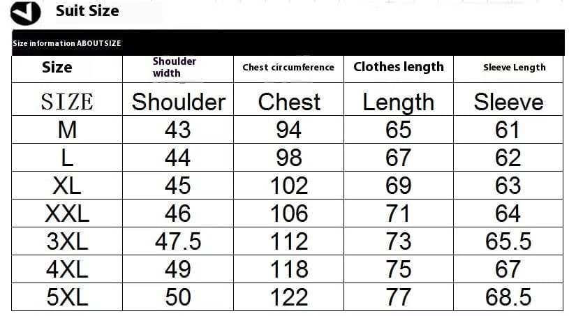 肩幅、胸囲、衣服の長さ、袖丈を含むスーツサイズの計測を示す、黒と白のテーブルであり、メンズのマンダリンカラー・スリムスーツジャケットをMから5XLまでのサイズで扱っています。