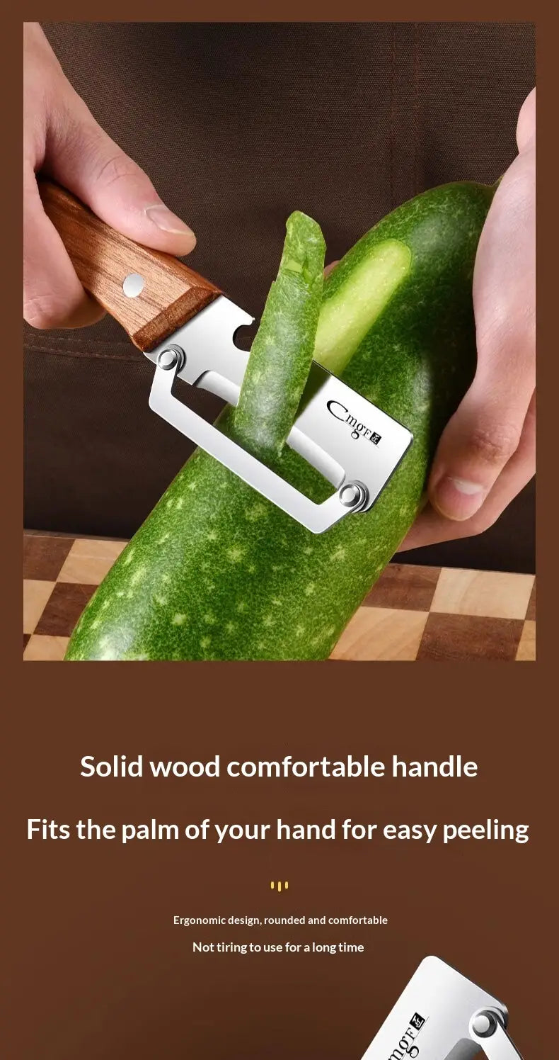 A sleek silver stainless steel vegetable peeler with a solid wood handle peeling a green cucumber.