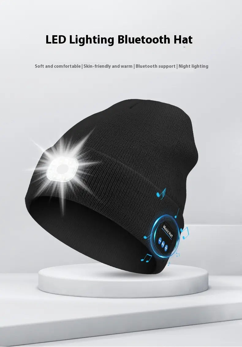 Black knit led Bluetooth beanie hat with a circular speaker panel on the side, featuring rechargeable and washable functionality.