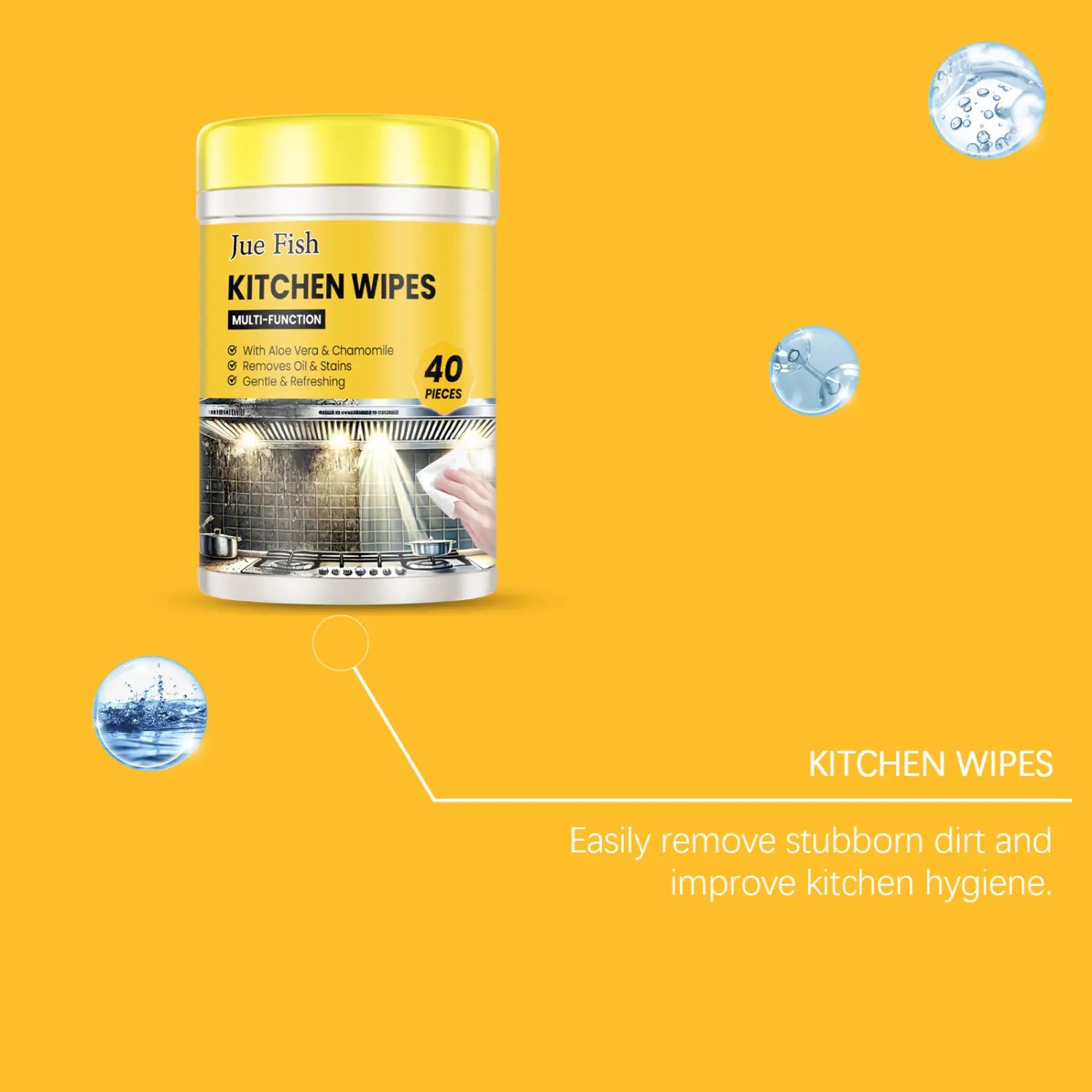 récipient cylindrique jaune à couvercle pour lingettes de nettoyage pour cuisine Jue Fish, dégraissant multi-usage, comprenant 40 pièces, avec une étiquette comportant une image d’une cuisinière propre