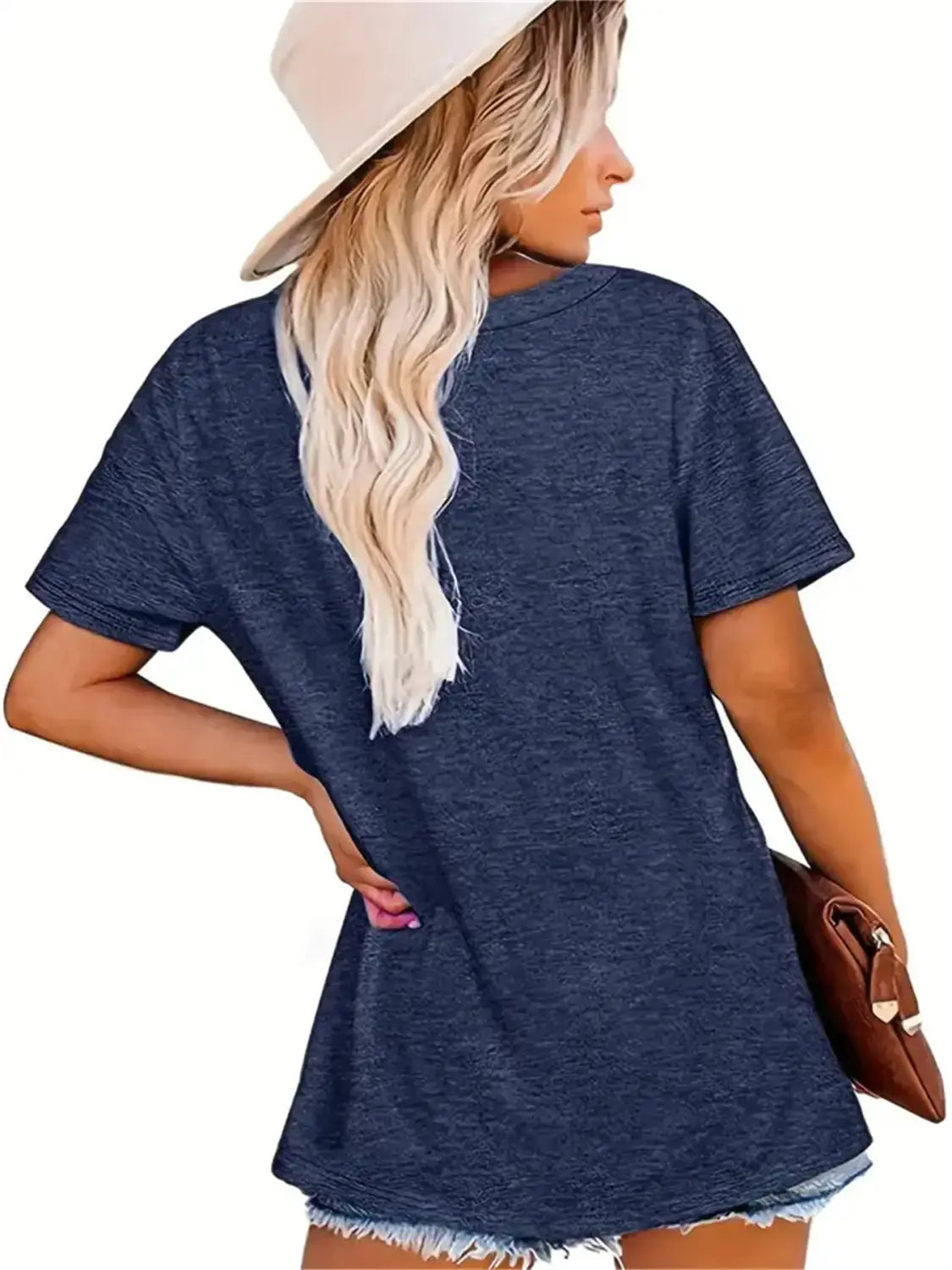 Navy blue heathered cotton t-shirt dress with frayed hem and side pockets from the women’s relaxed fit Korean minimalist cotton t-shirt collection.