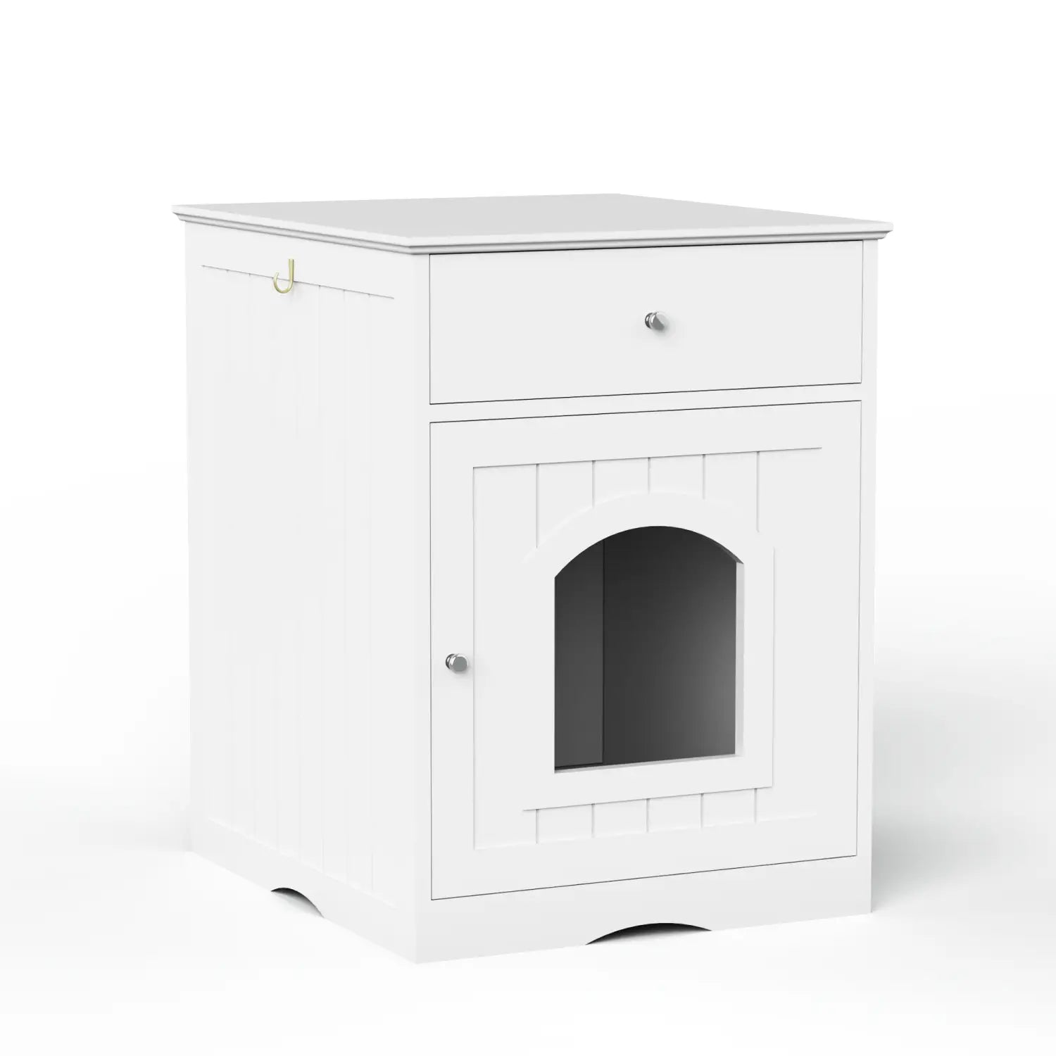 White wooden cat litter box enclosure with drawer featuring an arched door for discreet pet waste management.
