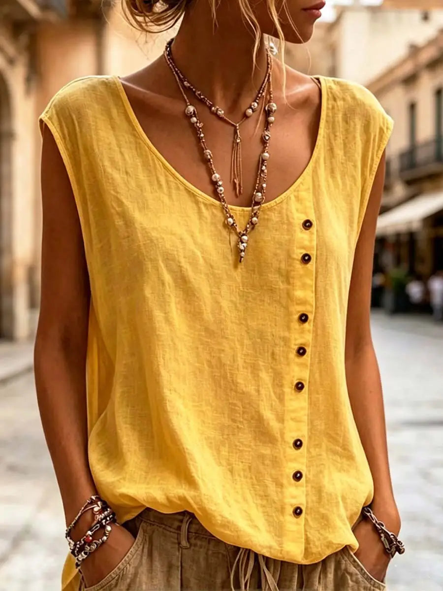 Yellow sleeveless button front vest with dark brown buttons and soft textured fabric designed for casual wear.