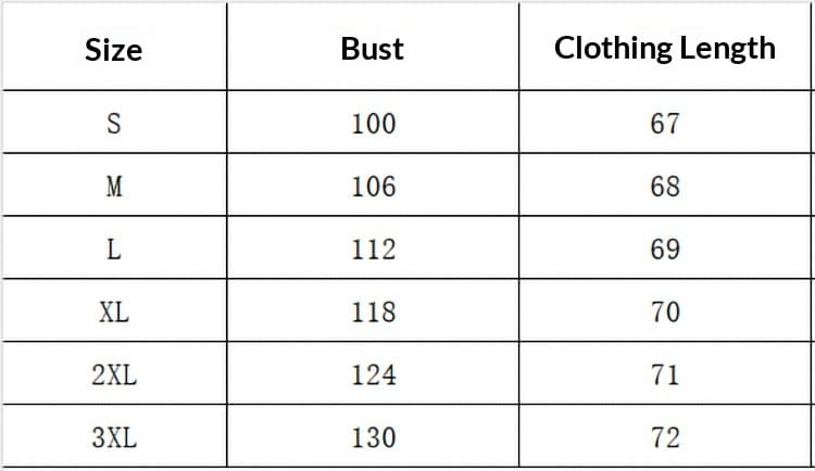 サイズ表（女性用コットンのカジュアル長袖ブラウス）で、サイズSから3XLまでのバストおよび衣類の着丈の測定値を示しています。