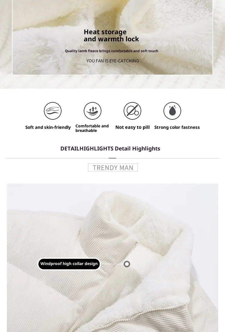 Eine gemütliche cremefarbene Cord-Pufferjacke, warm gefüttert, mit winddichtem hohem Kragen und weicher, lederartig anmutender Lammtextur für Wärme.