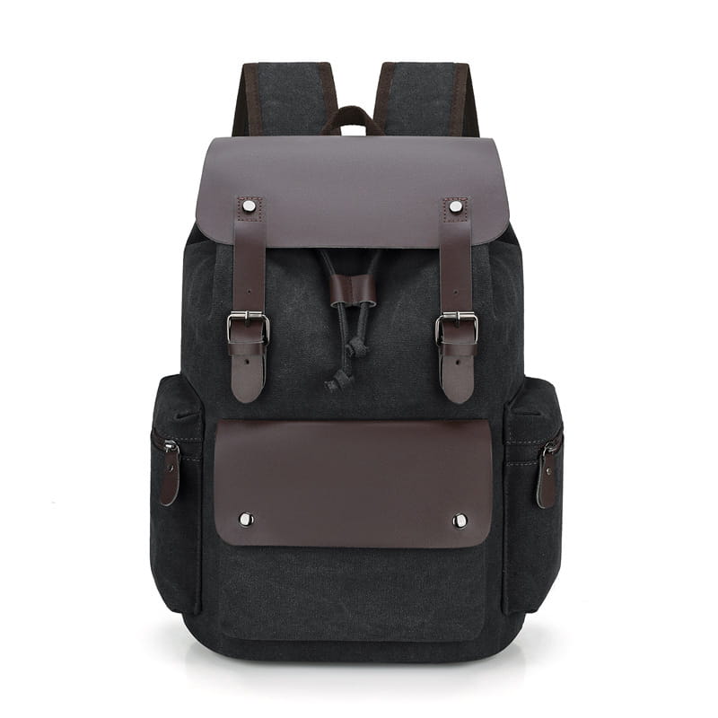 Black canvas retro backpack with brown leather accents and silver-toned metal hardware designed for large capacity and wear resistance.