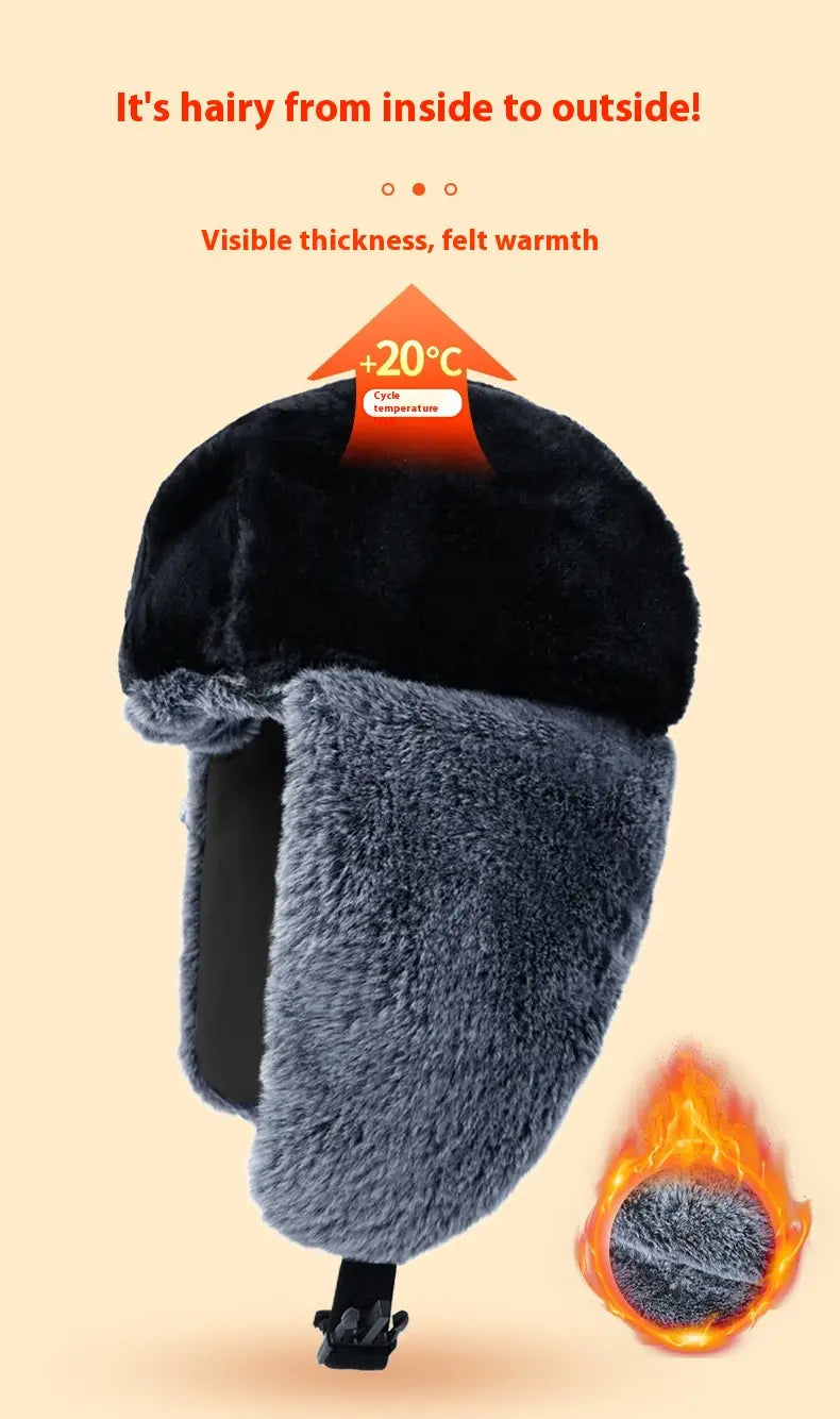 Fleece-lined winter ushanka hat in black and gray faux fur with visible thickness for warmth.