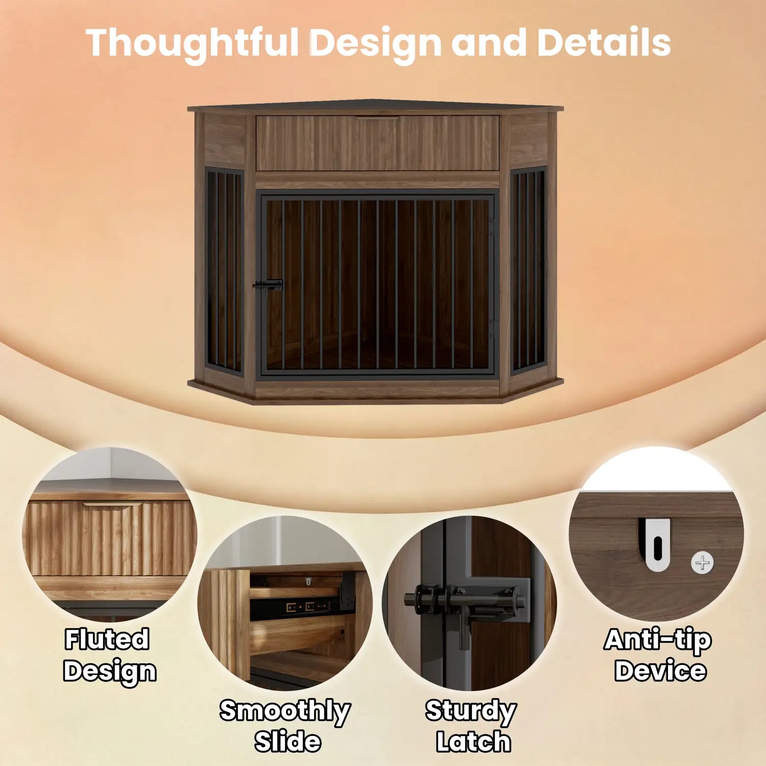 Wooden corner dog crate furniture with fluted design black metal bars and sturdy latch featuring a storage drawer.