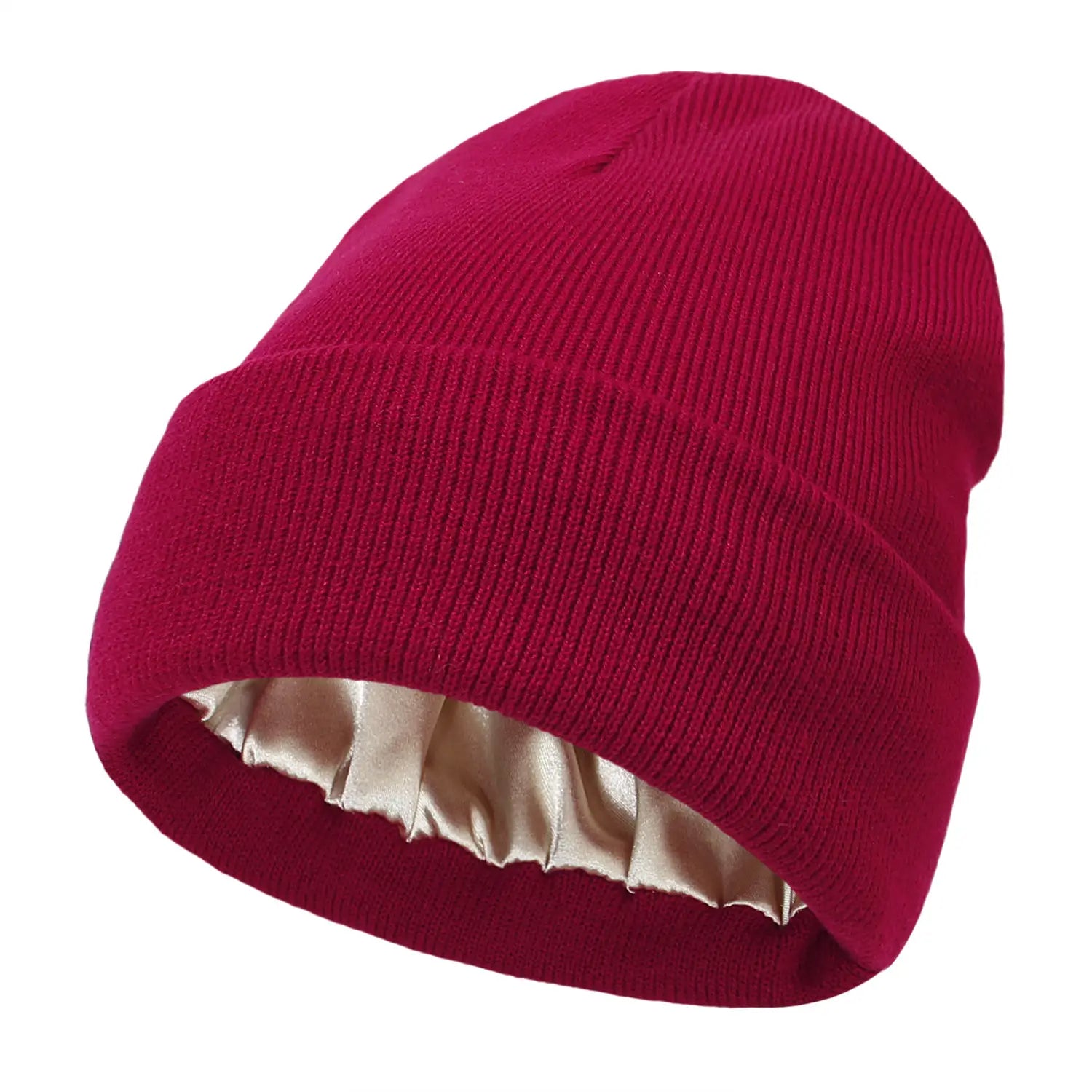 A vibrant fuchsia knit beanie with a soft satin-lined interior designed as a warm winter hat.