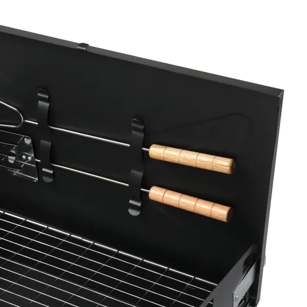 Black portable charcoal grill 44cm folding square bbq steel with wooden handled skewers and metal grates for outdoor cooking.