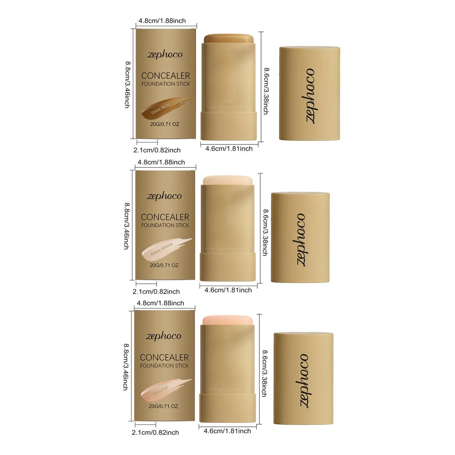 Foundation stick Zephaco natural concealing makeup in beige ivory white and peach shades in sleek tan cylindrical tubes with brand name printed vertically.