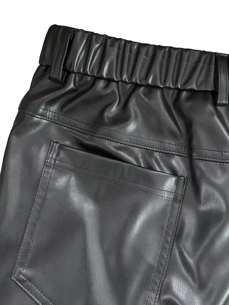 Black faux leather shorts glossy slim fit black showing the back side with a high-waisted elastic waistband and a single back pocket.