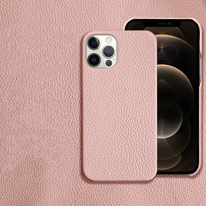 Pink textured genuine leather anti drop phone case for iPhone 12 Pro shown from the back side