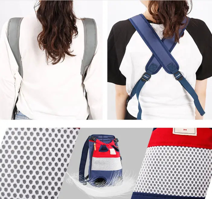 Blue and red mesh dog carrier backpack striped breathable pet bag shown from the back with adjustable straps.