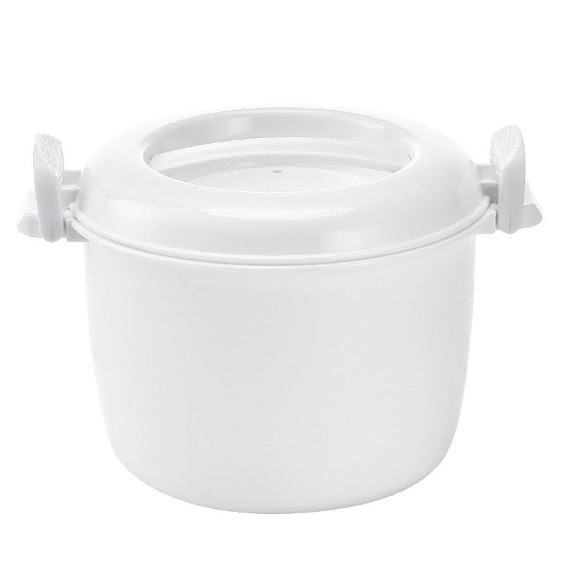 White plastic microwave rice cooker with steamer lid and two side handles designed for convenient cooking and steaming.