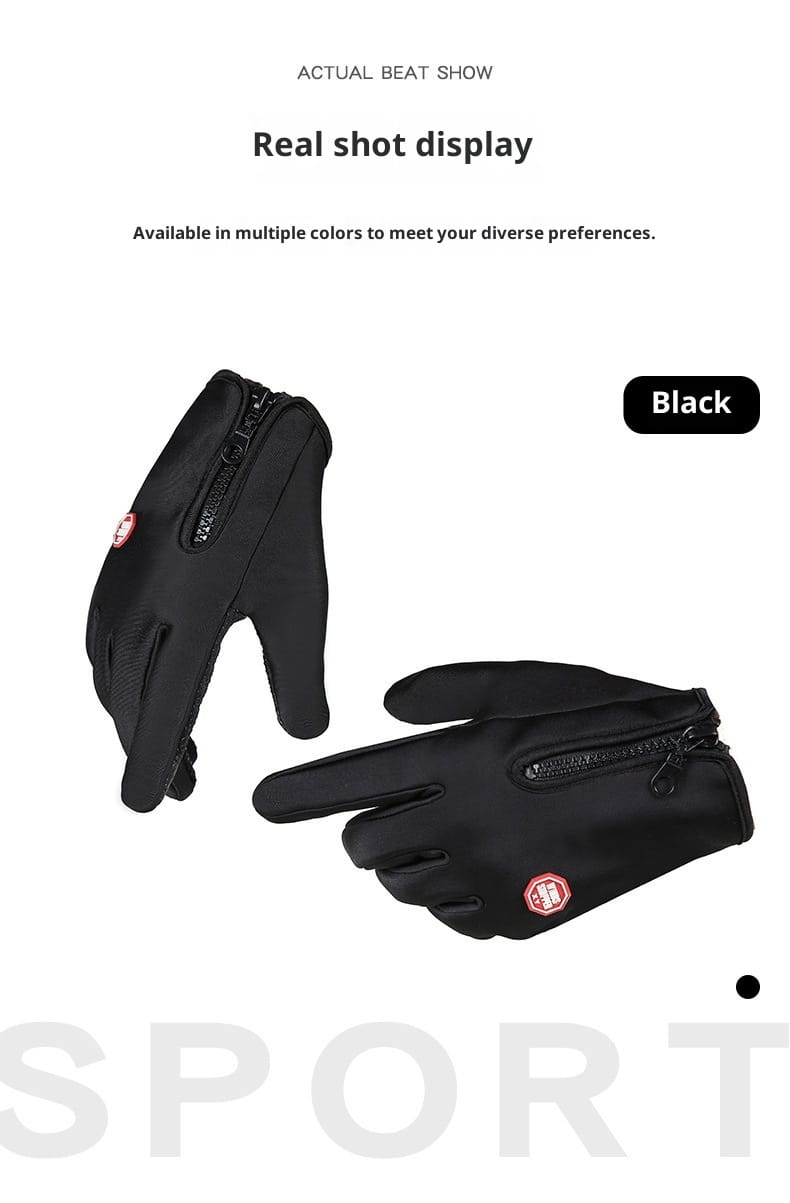 Black waterproof thermal windproof touchscreen cycling sport gloves shown from the back with zipper closures and a small red logo on each hand.