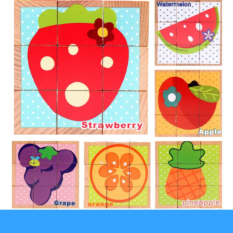pièce de puzzle en bois rouge représentant une fraise avec des points blancs et une fleur brune au-dessus, provenant du jeu éducatif précoce en cube à puzzle 6 en 1.