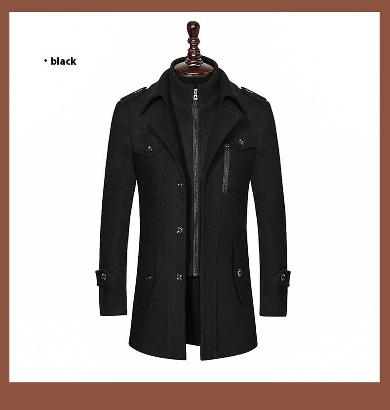 Men woolen coat zipper trench jacket in black wool with a classic collar, buttoned front, and multiple pockets.