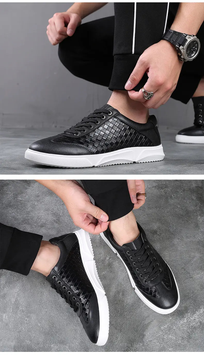 Zapatillas casuales de cuero tejido para hombre en negro con textura tejida en el lateral y suelas de goma blancas.