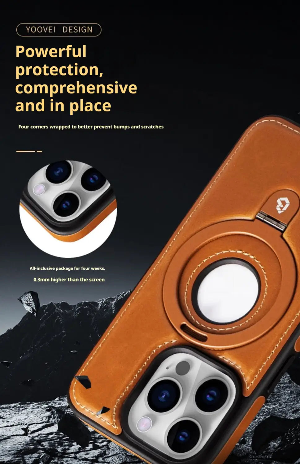 Brown leather iPhone 16 Pro Max magnetic case with stitched edges and circular magnetic ring on the back side.
