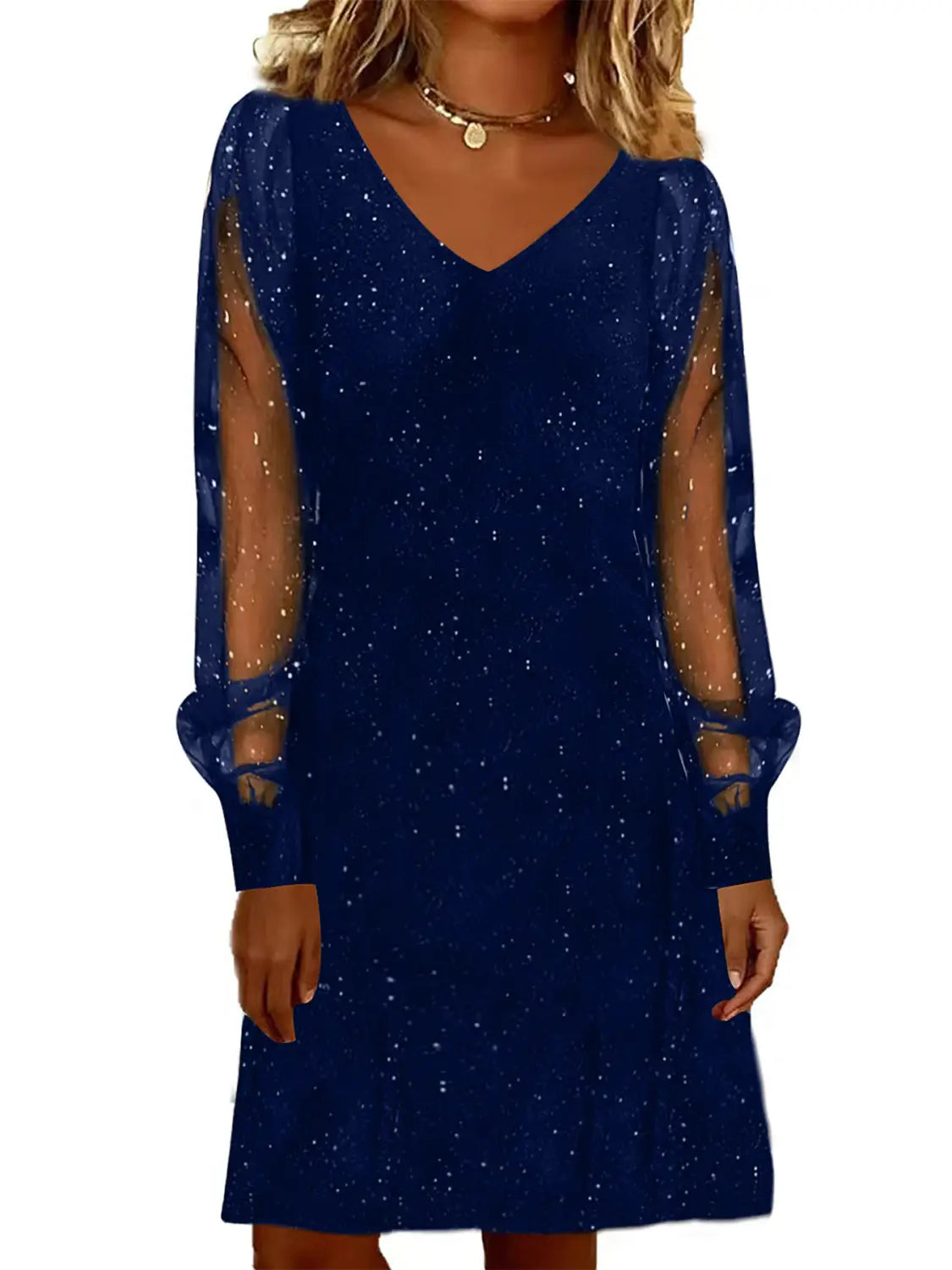 Robe de fête courte élégante bleu marine, scintillante, avec décolleté en V et manches bouffantes longues en maille transparente.