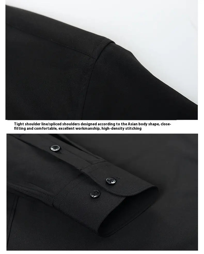Herren Slim-Fit Business-Kleidhemd mit langem Arm in Schwarz mit eng anliegender Schulterlinie, aufgesetzten Schulterpartien und eleganten schwarzen Knöpfen.