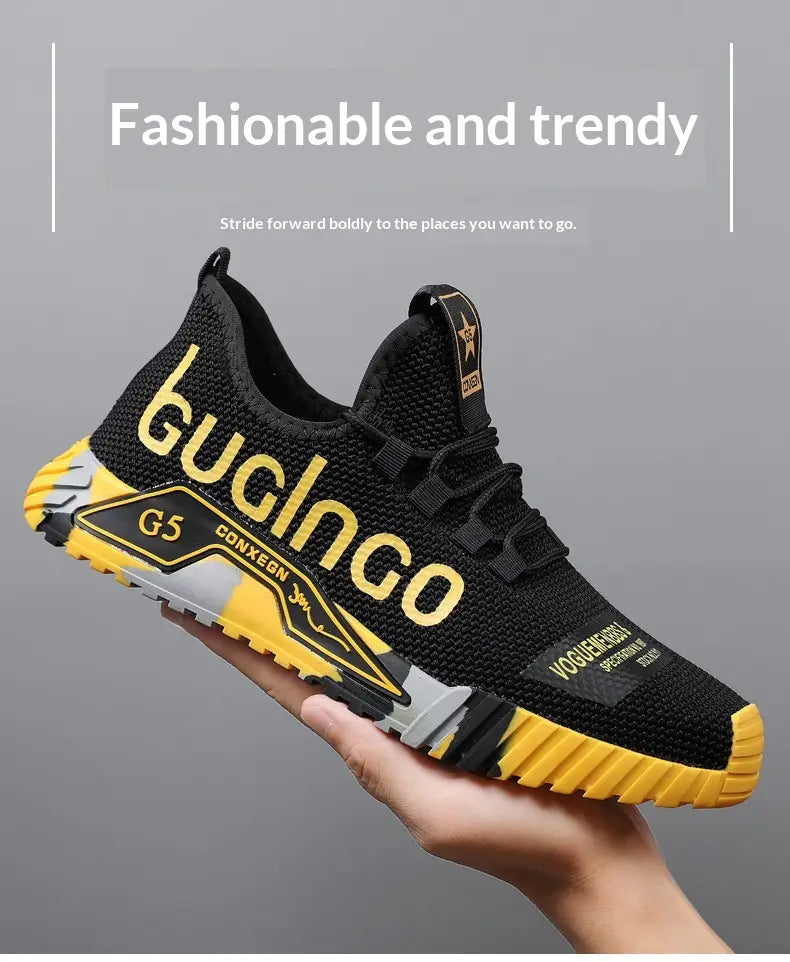 Black and yellow casual sneakers Guglingo G5 lightweight mesh shoes with bold gold lettering featuring a textured mesh upper and rubber sole.