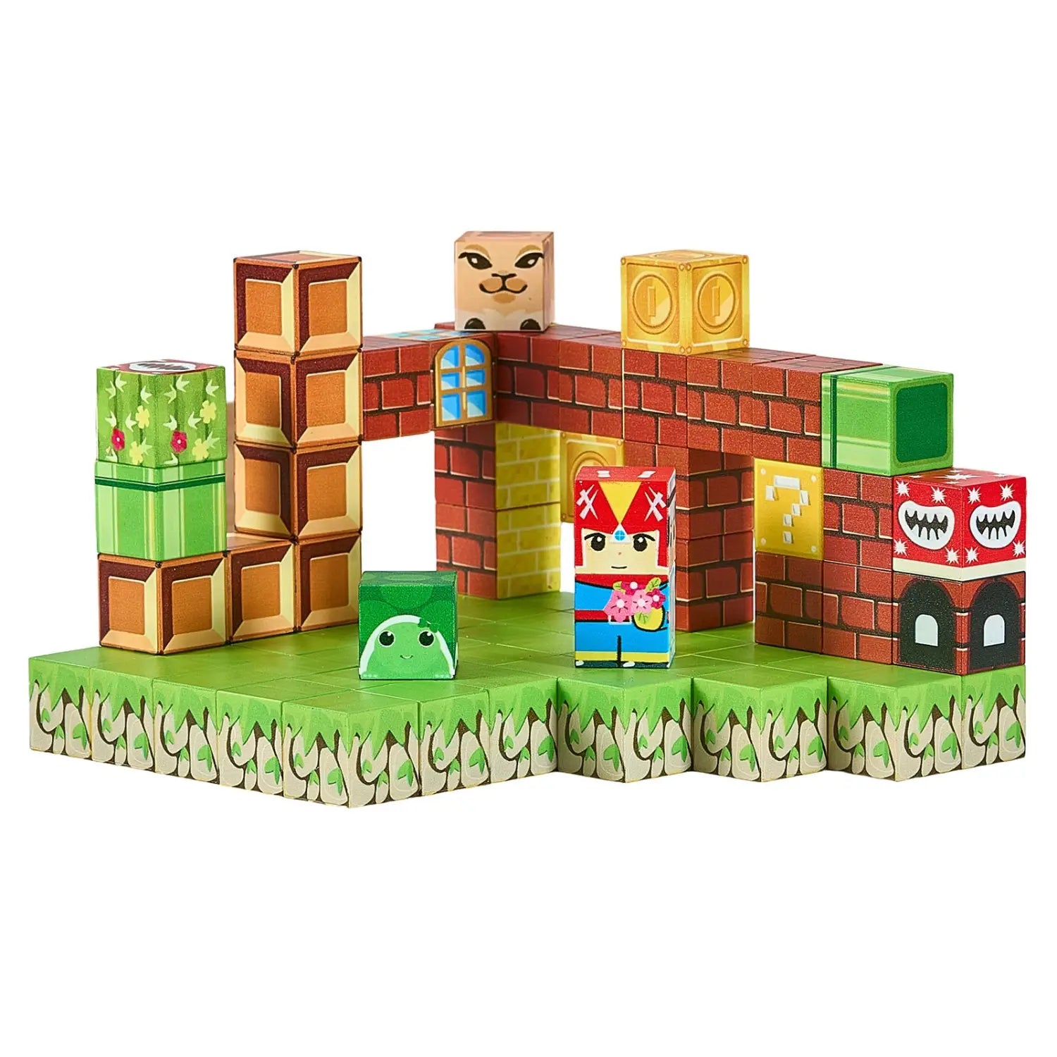 Buntes Papierzuschnitt-Super-Mario-World-Diorama mit Ziegelmauern, grasbewachsenem Gelände und Figuren der Charaktere, dargestellt in magnetischen Blöcken, 100-teiliger Mario-STEM-Baustein-Bausatz