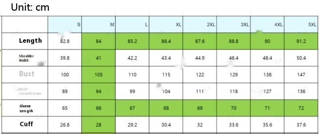 Green size chart displaying measurements in centimeters for quilted cotton winter coat with faux fur hood in sizes S to 5XL.