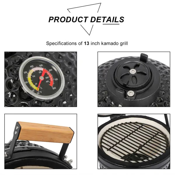 Black ceramic 13 inch kamado charcoal grill featuring a temperature gauge wooden handle and metal grates.